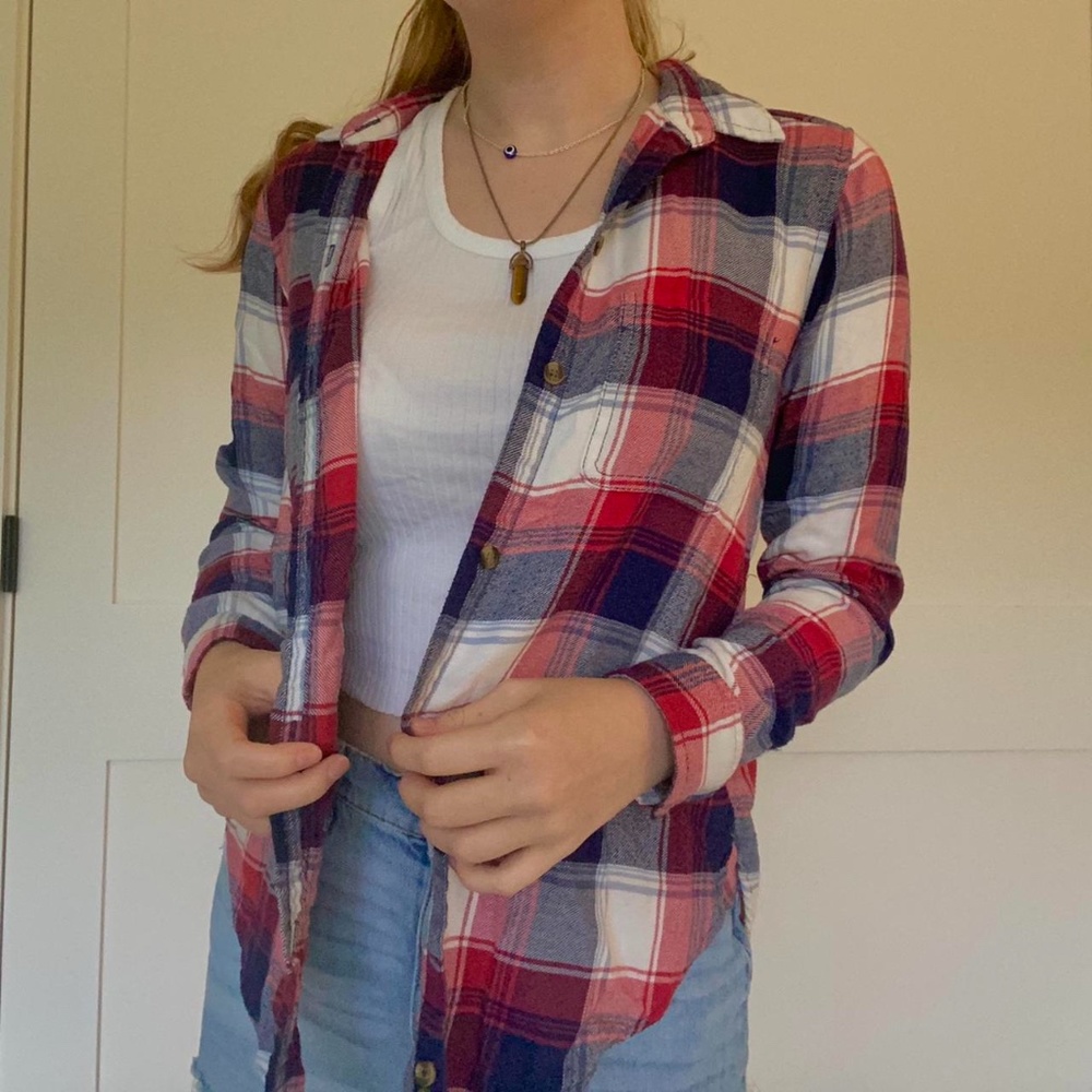 Plaid red, white, and blue flannel, American eagle, size small